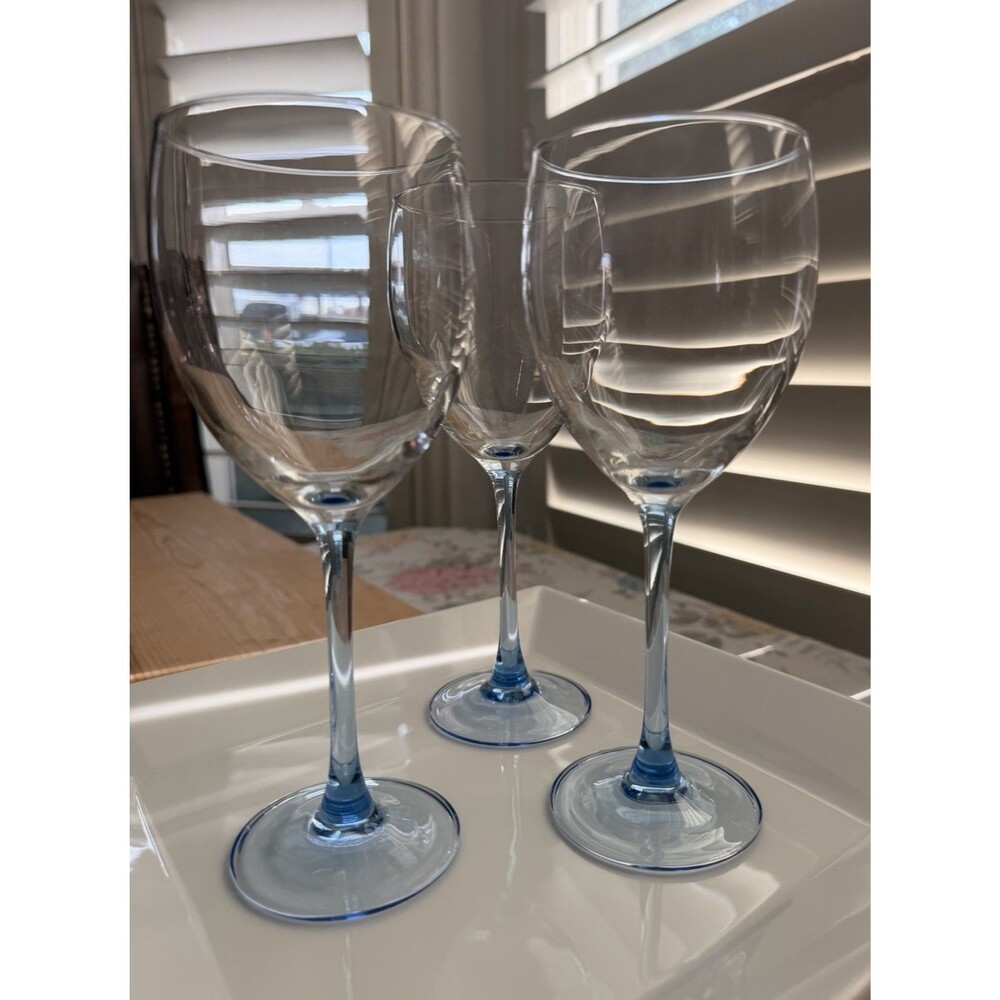 Vintage Luminarc France Light blue Stem Crystal Wine Glasses Set Of 3